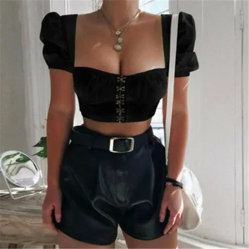 Fashion Trend Women elegant Tank Tops Lady Girls Square Neck Crop Top Short Sleeve Vest Shirt Tops Clothing