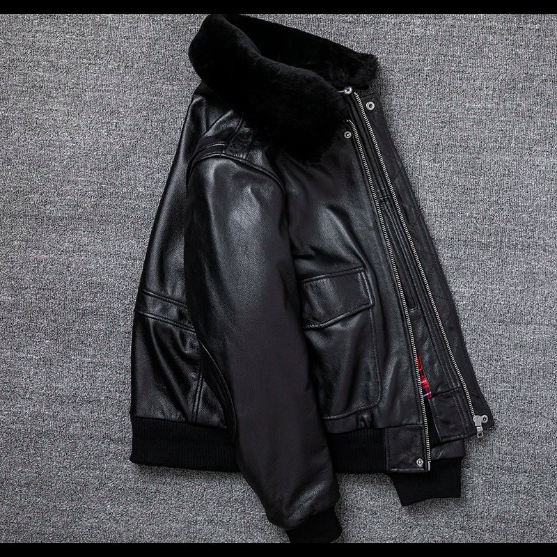 Air Force Flight Jacket Fur Collar Genuine Top Layer Cow Leather Jacket Men Black Brown Cow Coat Men's Winter Jacket