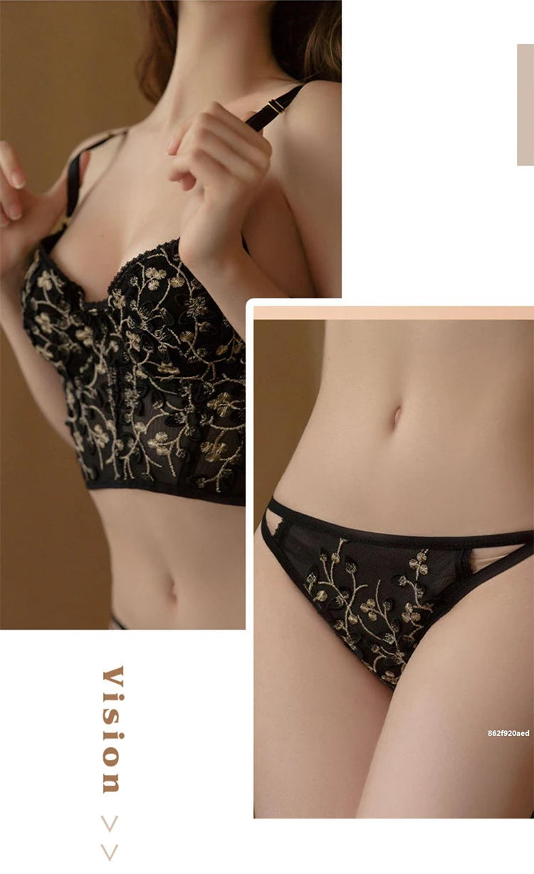 New Embroidery Lace Flowers French Underwear Bralette elegant Body Shaping Push Up Bra Set Romantic White Black Cute Lingerie Thin