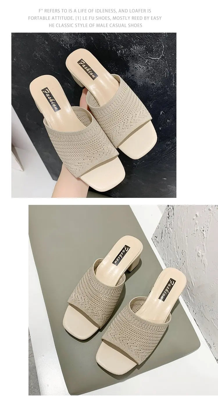 Women Slippers 2022 Summer Closed Toe Comfort Slippers Women Fashion Fly Weave Outdoor Sandals Women Medium Heel Slippers
