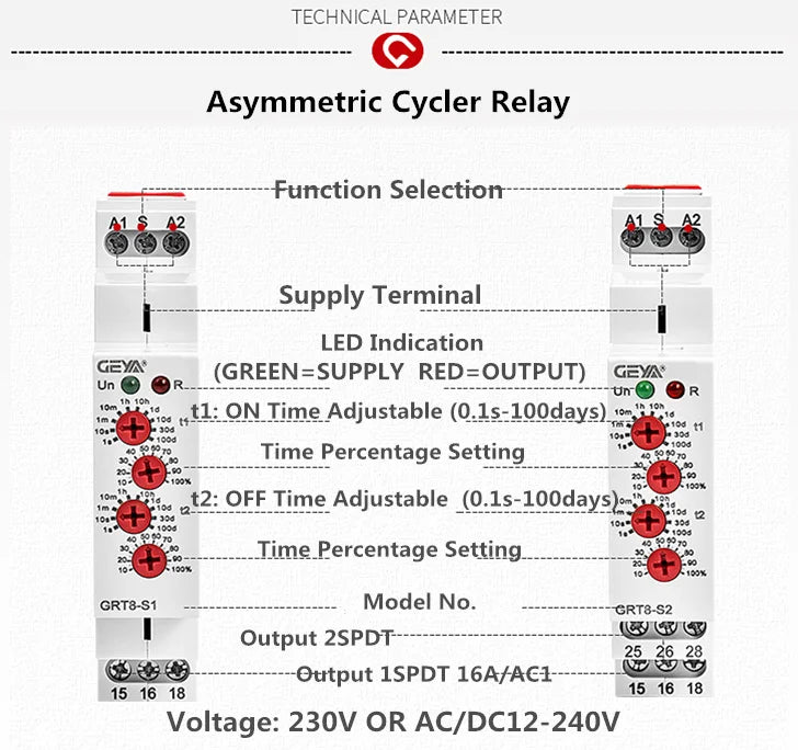 GEYA GRT8-S Asymmetrisches Zeitrelais 16A - SPDT Timer Relay AC/DC 12V-240V