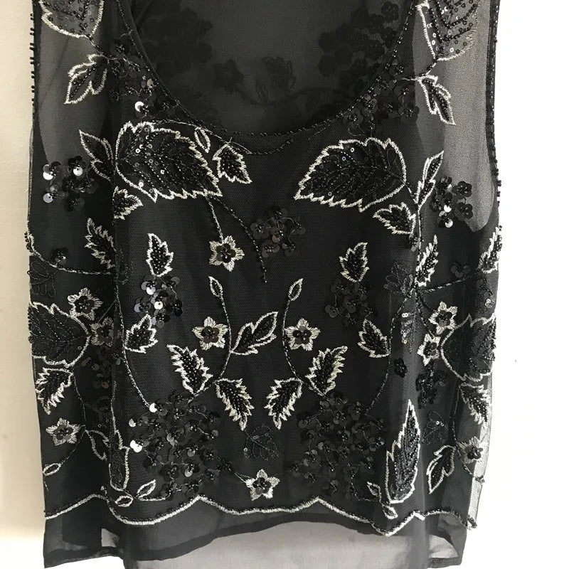 Women Floral Beaded Loose Vest Sleeveless Shirt Summer U-Neck Flowers Embroidered Sequined Chiffon Blouses Shiny Gauze Tank Tops