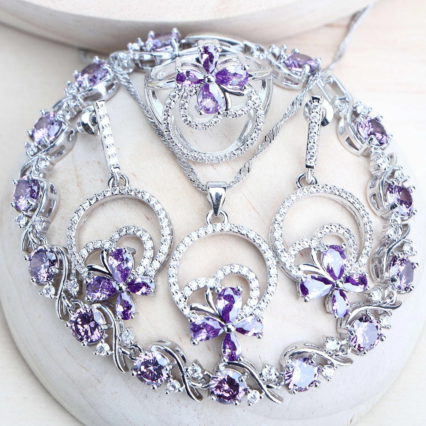 Lila Zirkonia Silber 925 Braut Schmuck Sets - Für Damen Kostüm Schmuck Armbänder - Hochzeit Ringe Ohrringe Anhänger Halskette