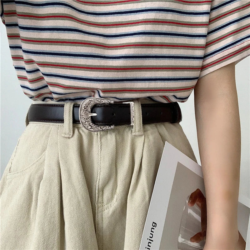 Curea din piele neagră pentru femei, cataramă metalică cu inimă, curea pentru talie, Vintage Western sculptată pentru blugi, curele pentru cămăși, talie elastică, Cinturon Mujer