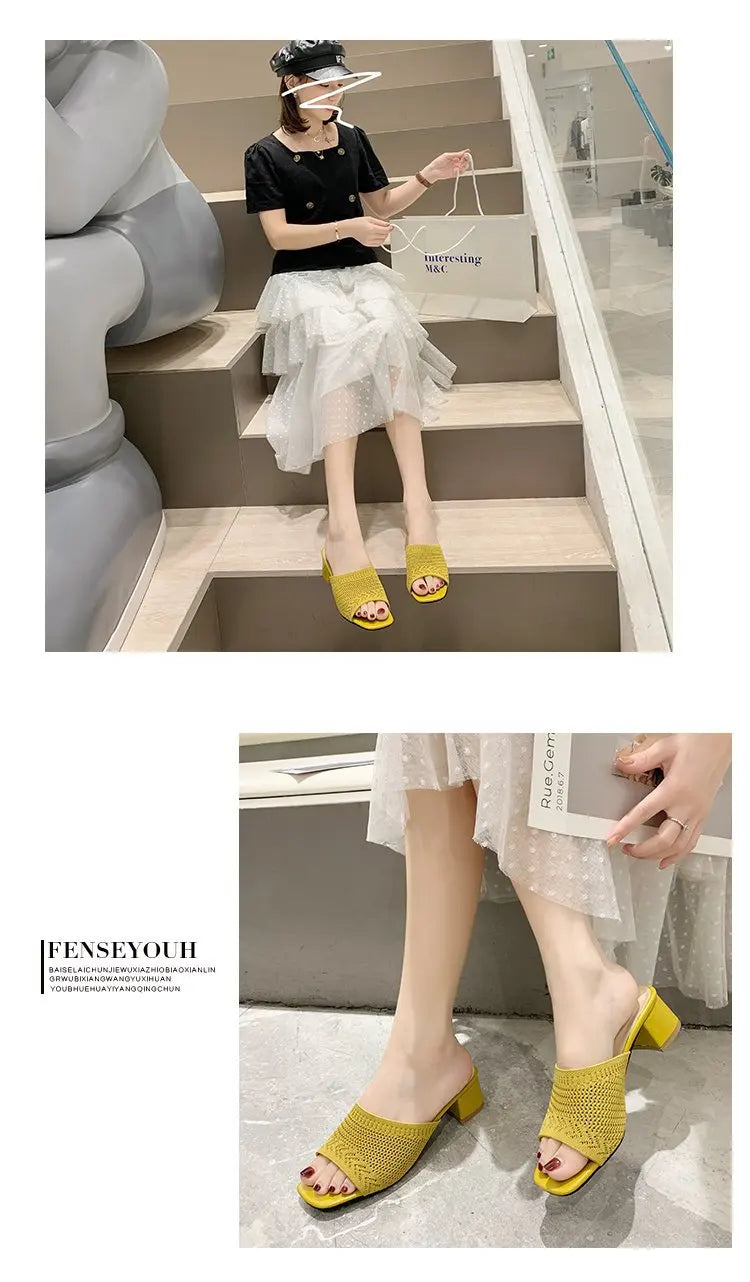 Women Slippers 2022 Summer Closed Toe Comfort Slippers Women Fashion Fly Weave Outdoor Sandals Women Medium Heel Slippers