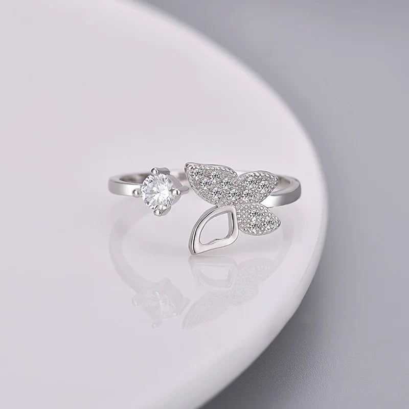 Buyee 925 Sterling Silver Ring Sweet Butterfly Drăguț Fluture Zircon Alb Inel Deschis pentru Femei Fashion Trend Fine Jewelry Circle