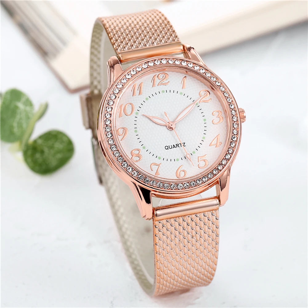 Women Watches Luxury Mesh Band Bracelet Rose Gold Inlaid Crystal Fashion New