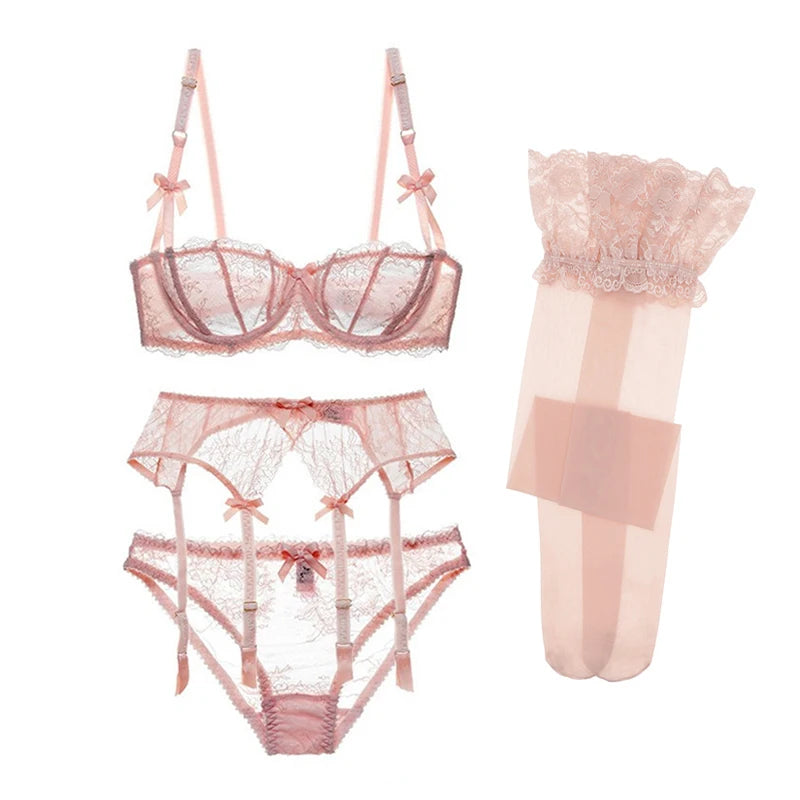 CYHWR Luxury Half Cup Lace Transparent Sexy Lingerie Ultra-thin Solid Shell Style 4 Pieces/Lots Bra Set and Garter and Stocking