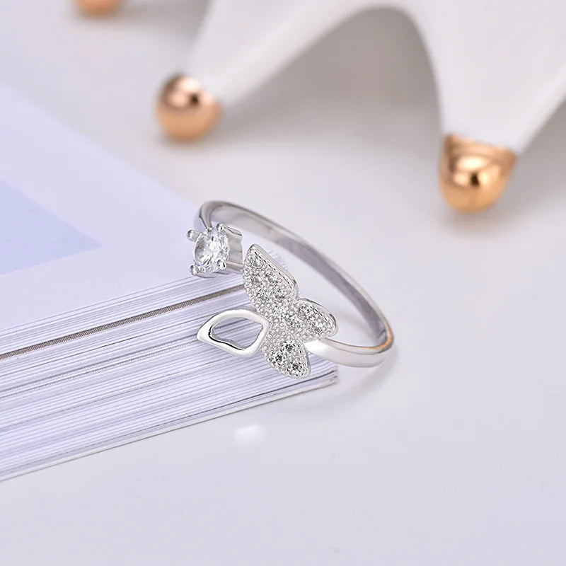 Buyee 925 Sterling Silver Ring Sweet Butterfly Drăguț Fluture Zircon Alb Inel Deschis pentru Femei Fashion Trend Fine Jewelry Circle