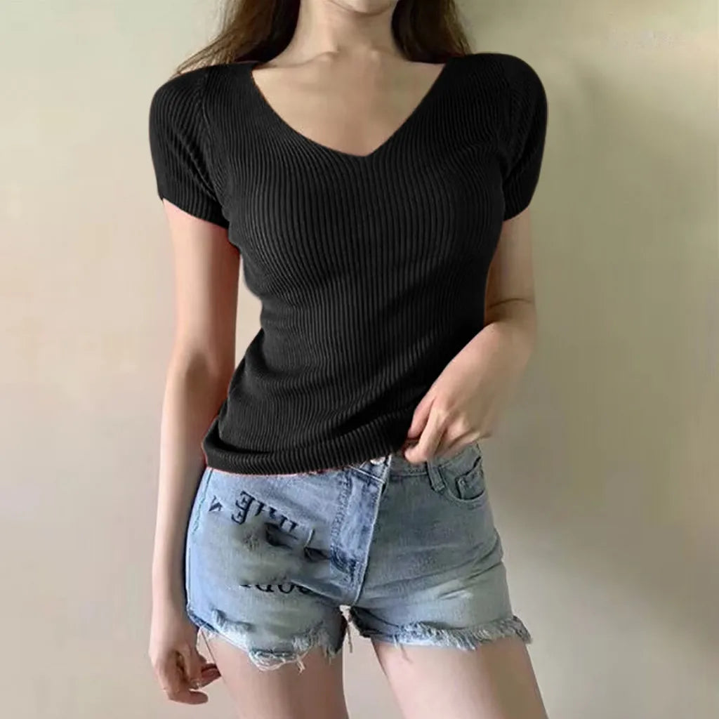 elegant Women T Shirt Ribbed Knitted V-neck Short Sleeve Ladies Solid Top Tee Fitness Korean Clothes T Shirt Women Camiseta Mujer