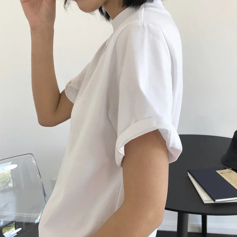 Tricou de damă cu mânecă scurtă și guler rotund, casual, monocromatic, lejer, de vară