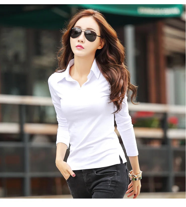 Solid T Shirt Female 2024 Turn-down Collar Womens Long Sleeve Tops Spring Full Slim Cotton TShirt Woman Clothes T-Shirt Femme