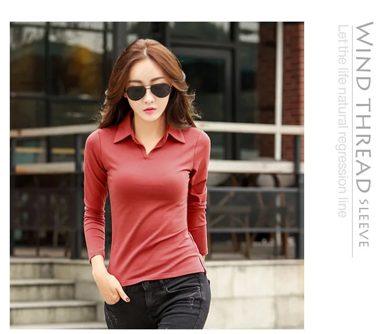 Solid T Shirt Female 2024 Turn-down Collar Womens Long Sleeve Tops Spring Full Slim Cotton TShirt Woman Clothes T-Shirt Femme