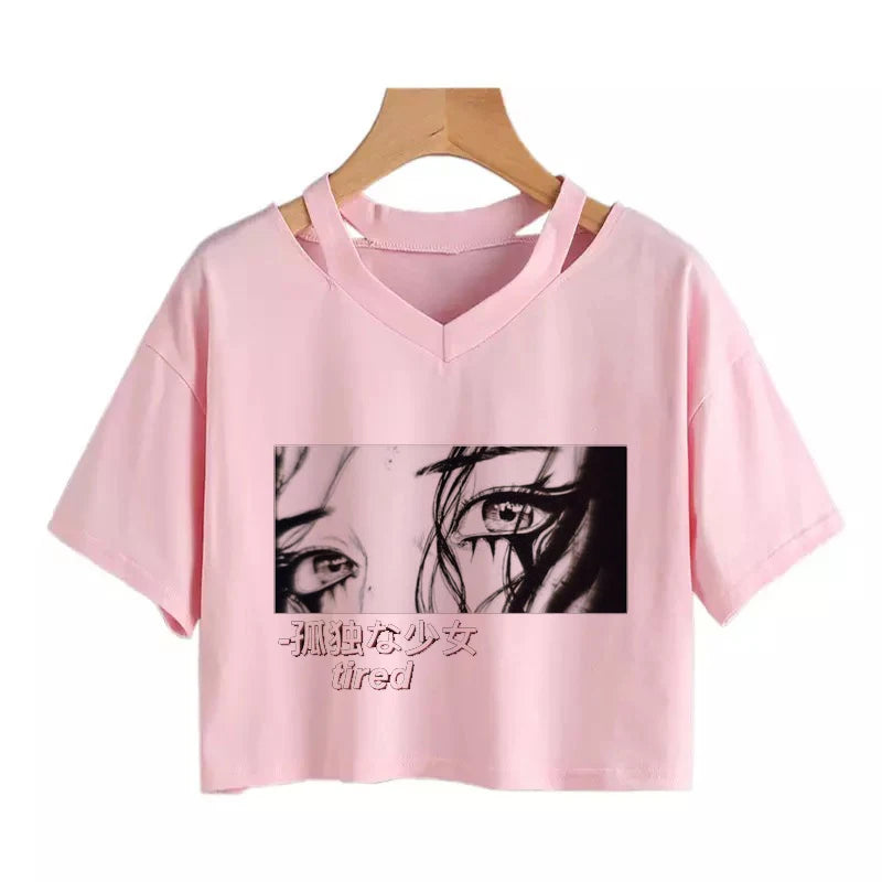 Women's T-shirt Funny anime T-shirt Gothic clothes y2k sexy Harajuku Oversize Tops-tee Ulzzang black Female Top Casual Sling Tee