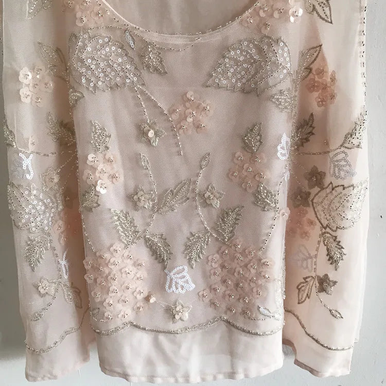 Women Floral Beaded Loose Vest Sleeveless Shirt Summer U-Neck Flowers Embroidered Sequined Chiffon Blouses Shiny Gauze Tank Tops