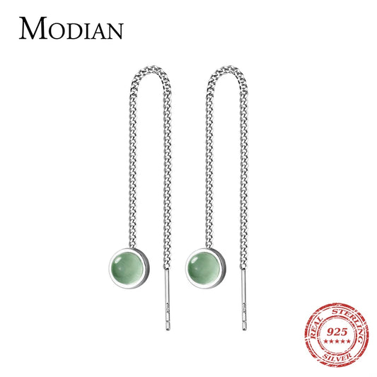 Modian Fashion Green Opal Long Chain Tassel Earring for Women Genuine 925 Sterling Silver Drop Earring Fine Jewelry 2020 New