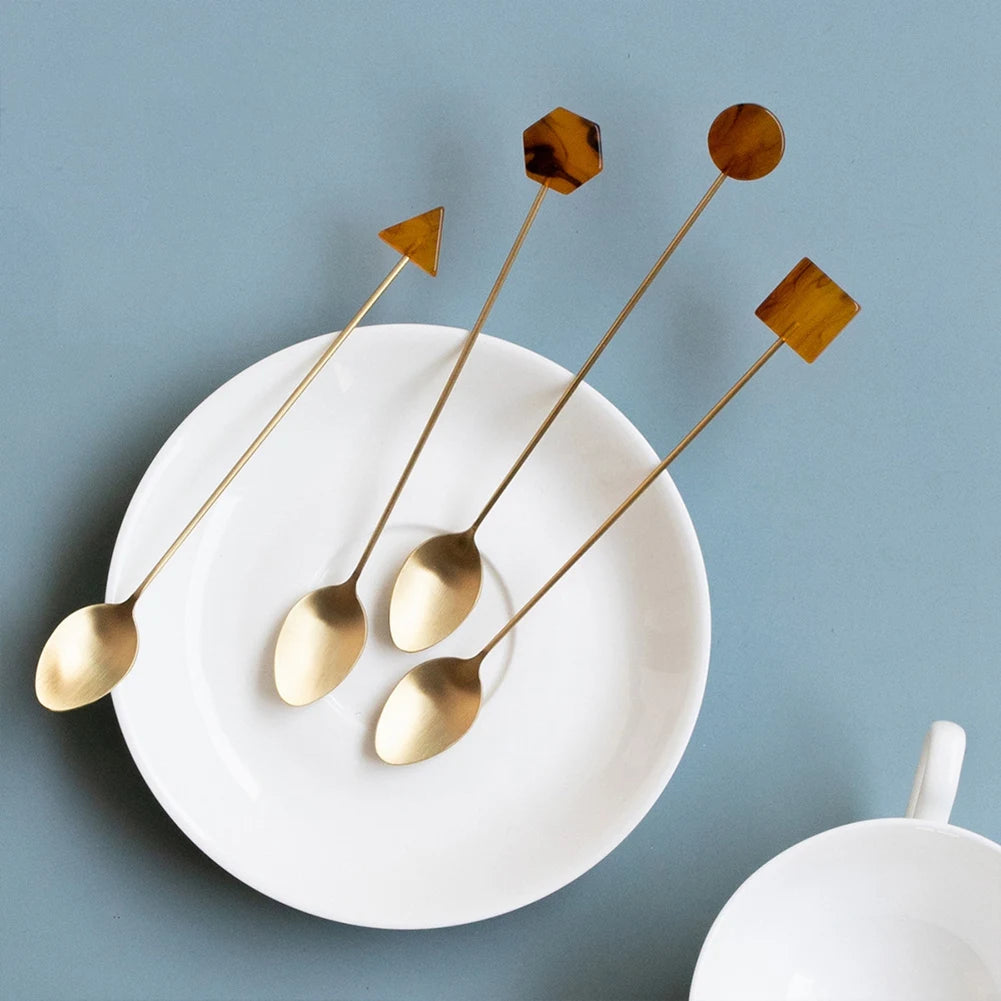 Besteck-Set 2025: 4pcs Gold-Plated Geometric-Shape - INS Coffee Collection