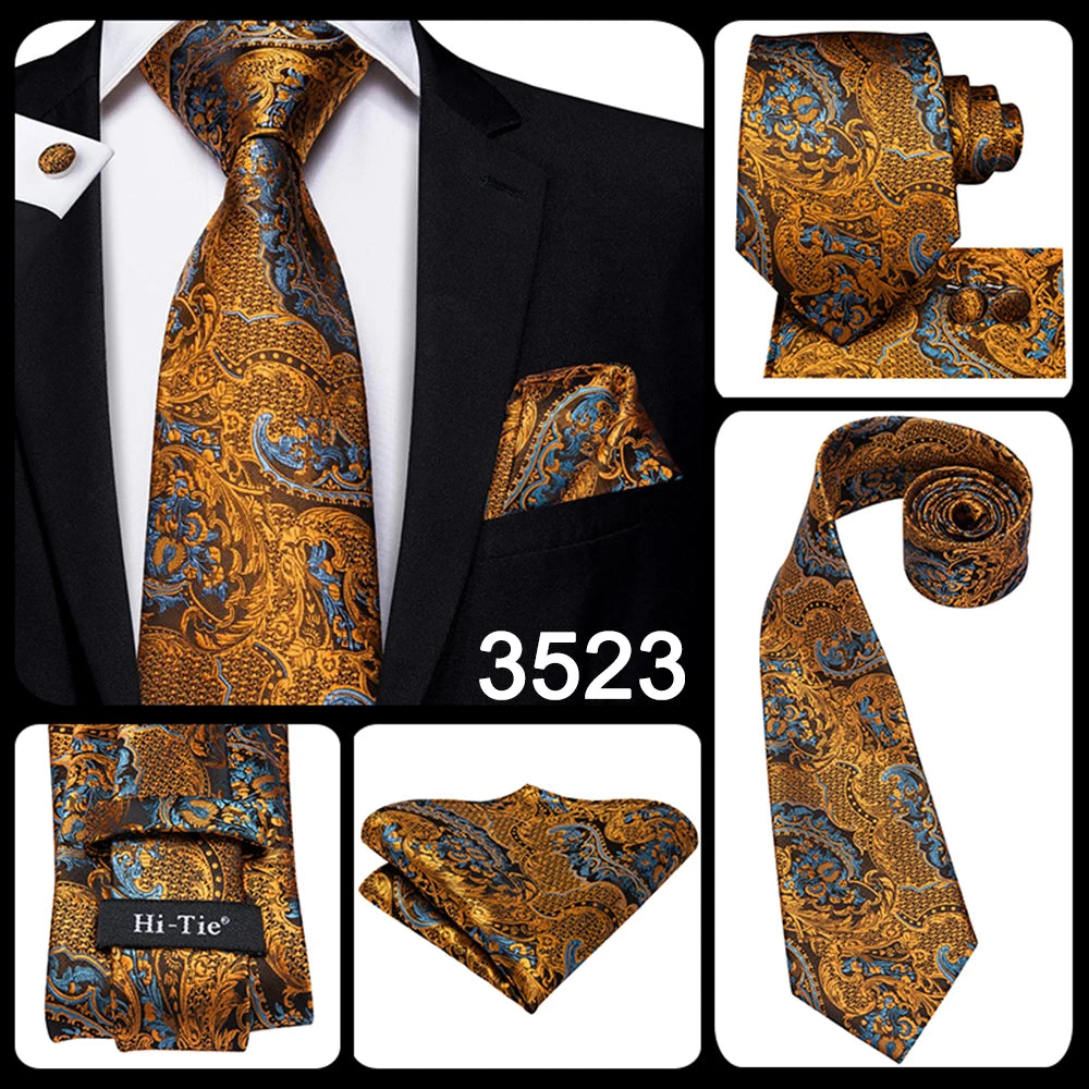 Set de cravate bărbătești din mătase Hi-Tie, model floral, cravate și batiste aurii galbene, set de butoni, costum de nuntă pentru bărbați, cravată la modă C-3053
