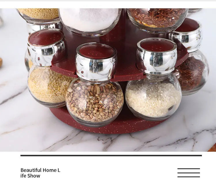 Rotating16Pcs Condiment Set Spice Jar StorageBox HomeKitchen Cruet Condiment Bottle Coffee Sugar Seal Jar Container Rack