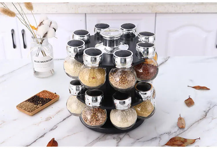 Rotating16Pcs Condiment Set Spice Jar StorageBox HomeKitchen Cruet Condiment Bottle Coffee Sugar Seal Jar Container Rack