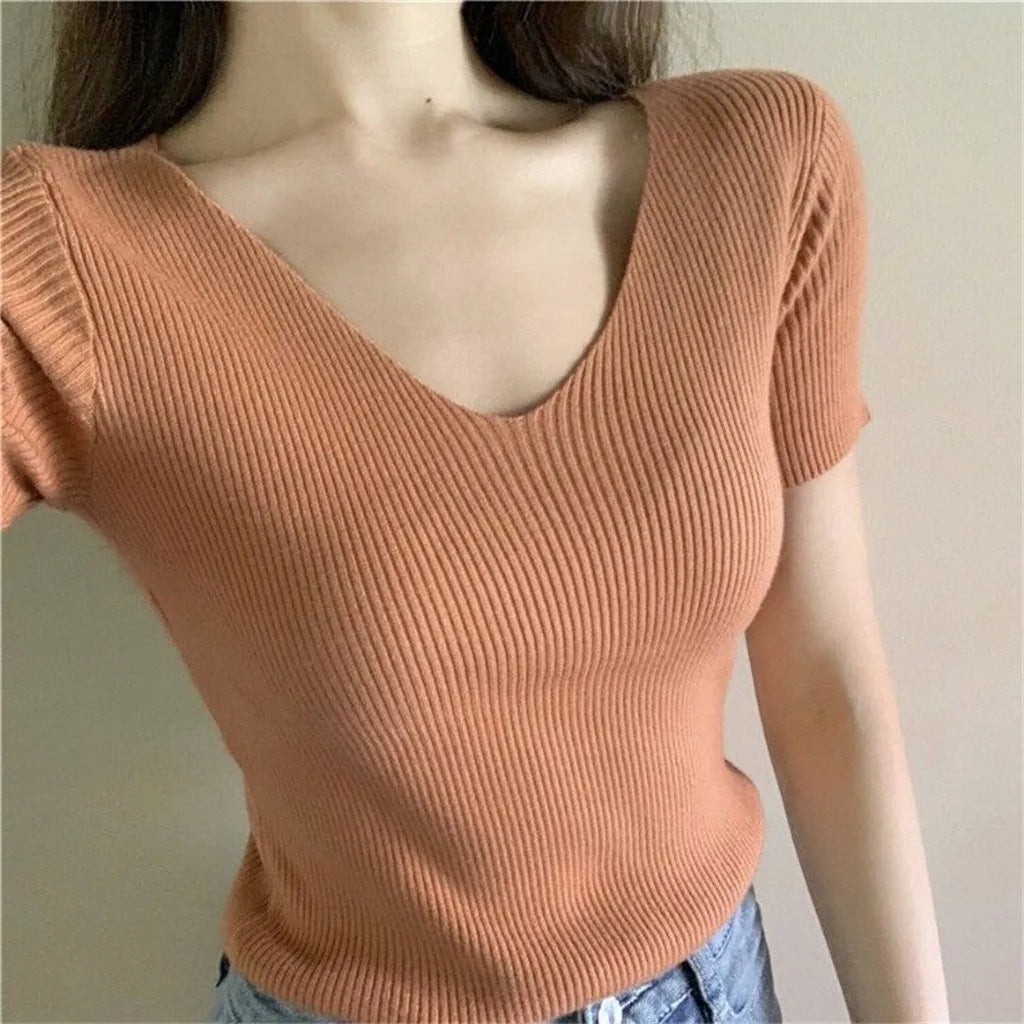 elegant Women T Shirt Ribbed Knitted V-neck Short Sleeve Ladies Solid Top Tee Fitness Korean Clothes T Shirt Women Camiseta Mujer