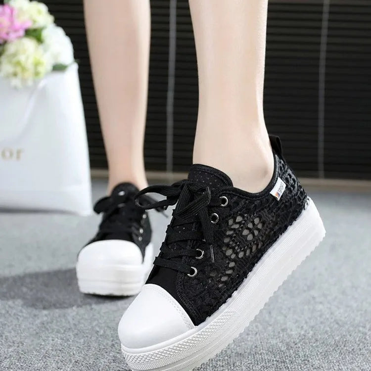 Women Shoes Fashion Summer Casual Shoes White Sneakers Cutouts Lace Canvas Hollow Breathable Platform Sneakers Tenis Feminino