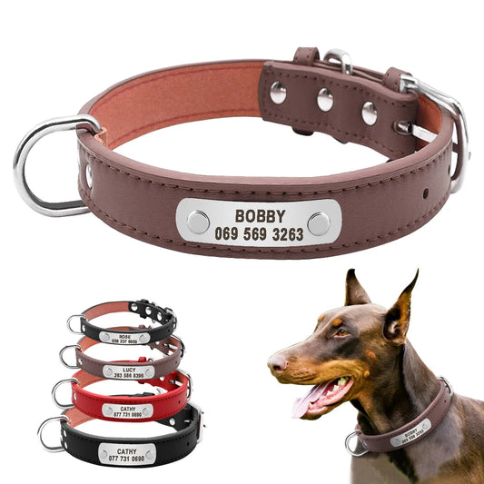 Großes Langlebiges Personalisiertes Hund Halsband PU Leder Gepolstert Haustier ID Halsbänder Angepasst für Kleine Mittlere Große Hunde Katze 4 Größe