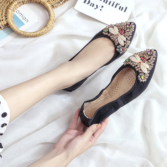 Elegant Women Shoes 2023 Spring Flats Shoes Woman Soft Comfortable Silk Rhinestone Summer Ladies Single Shoes zapatos de mujer