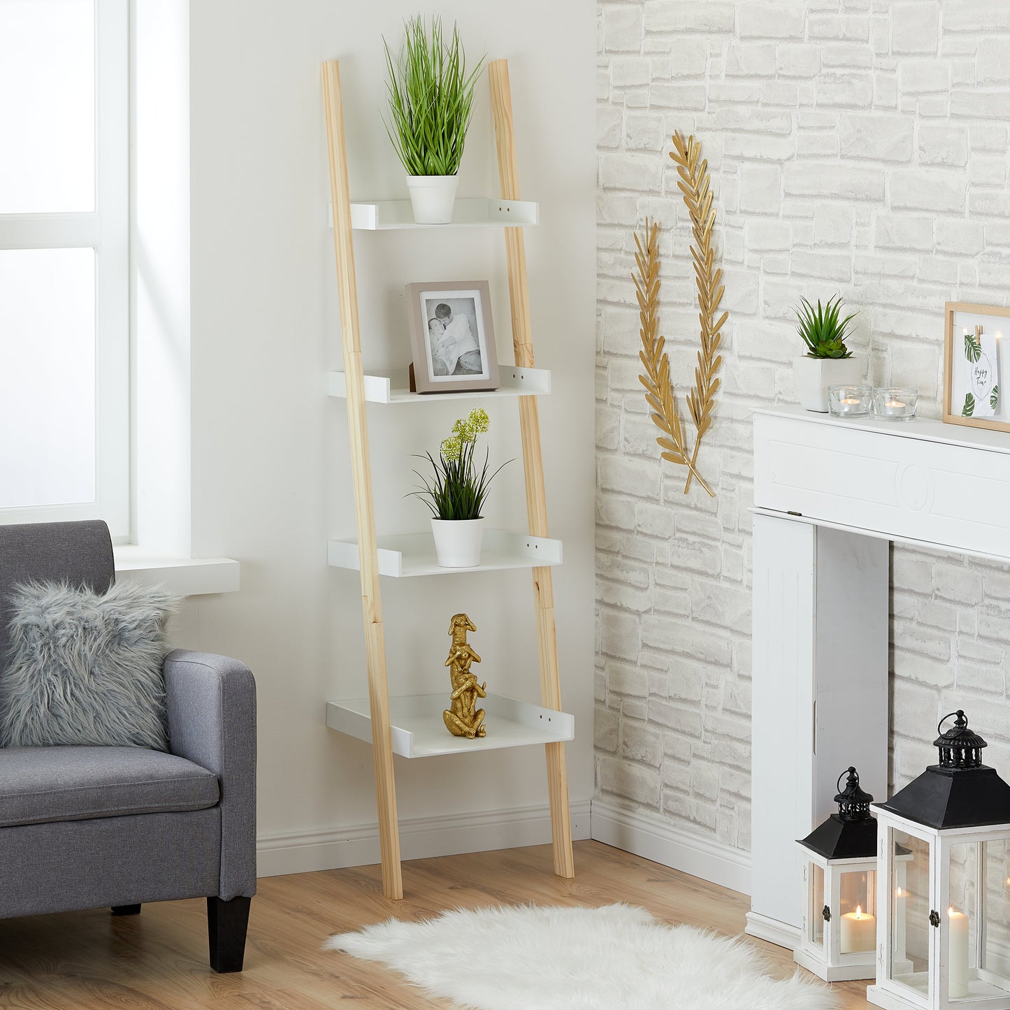 Leiterregal Weiß Braun Stilvoll - Höhe 170 cm Breite 39 cm Tragkraft 15 kg