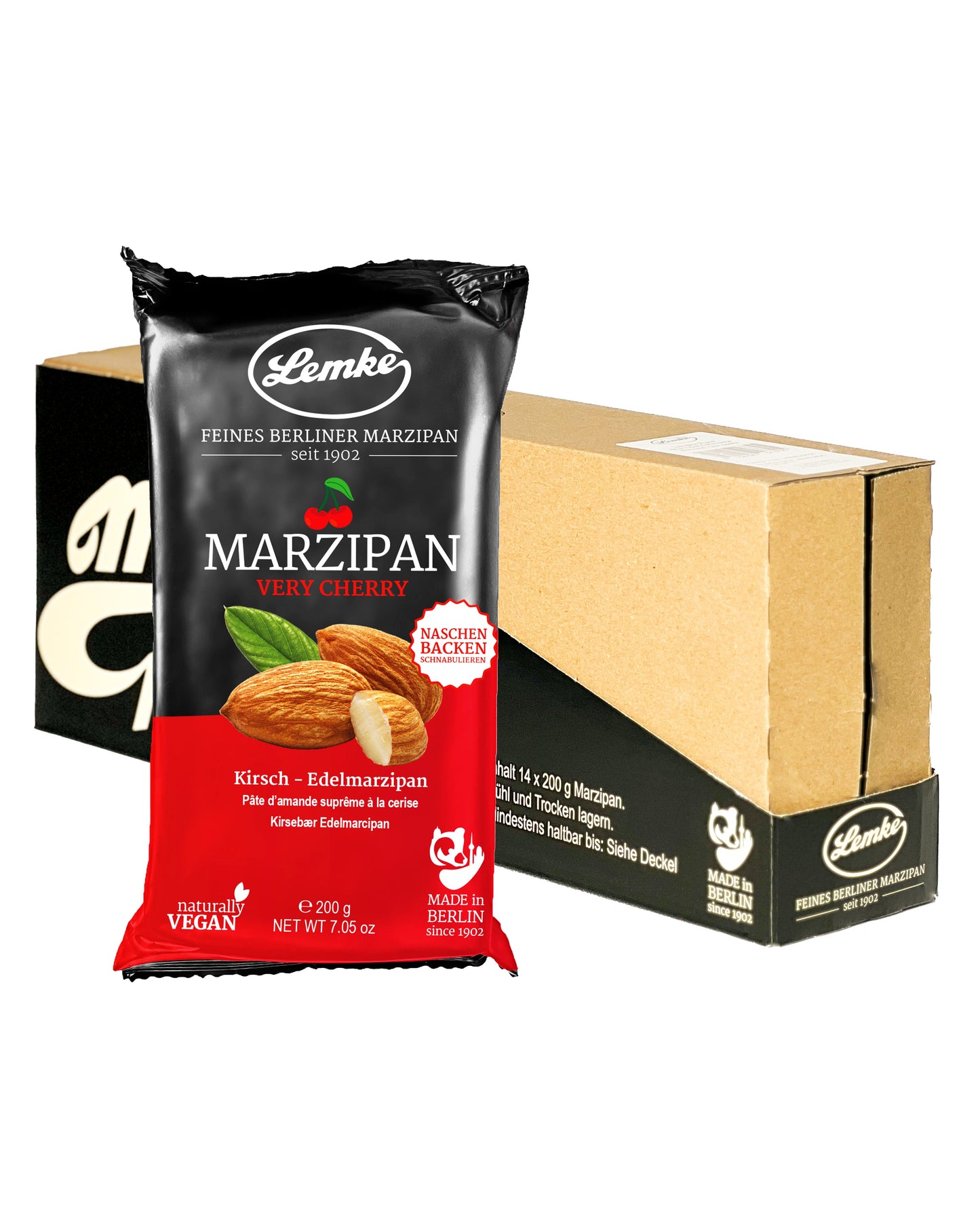 Marțipan fin Berlin Lemke cu aromă de cireșe - Greutate netă 150 g, Vegan, Potrivit pentru copt