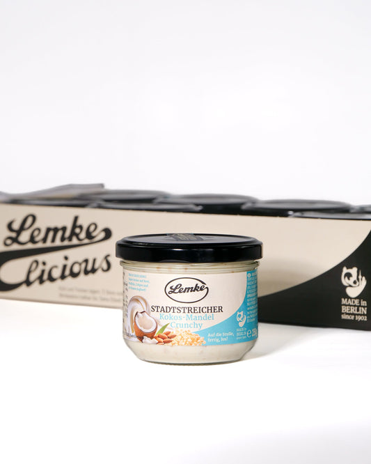 Lemke City Stroller Coconut Almond Crunch - capacitate 300g, cremă tartinabilă, bucăți de migdale prăjite