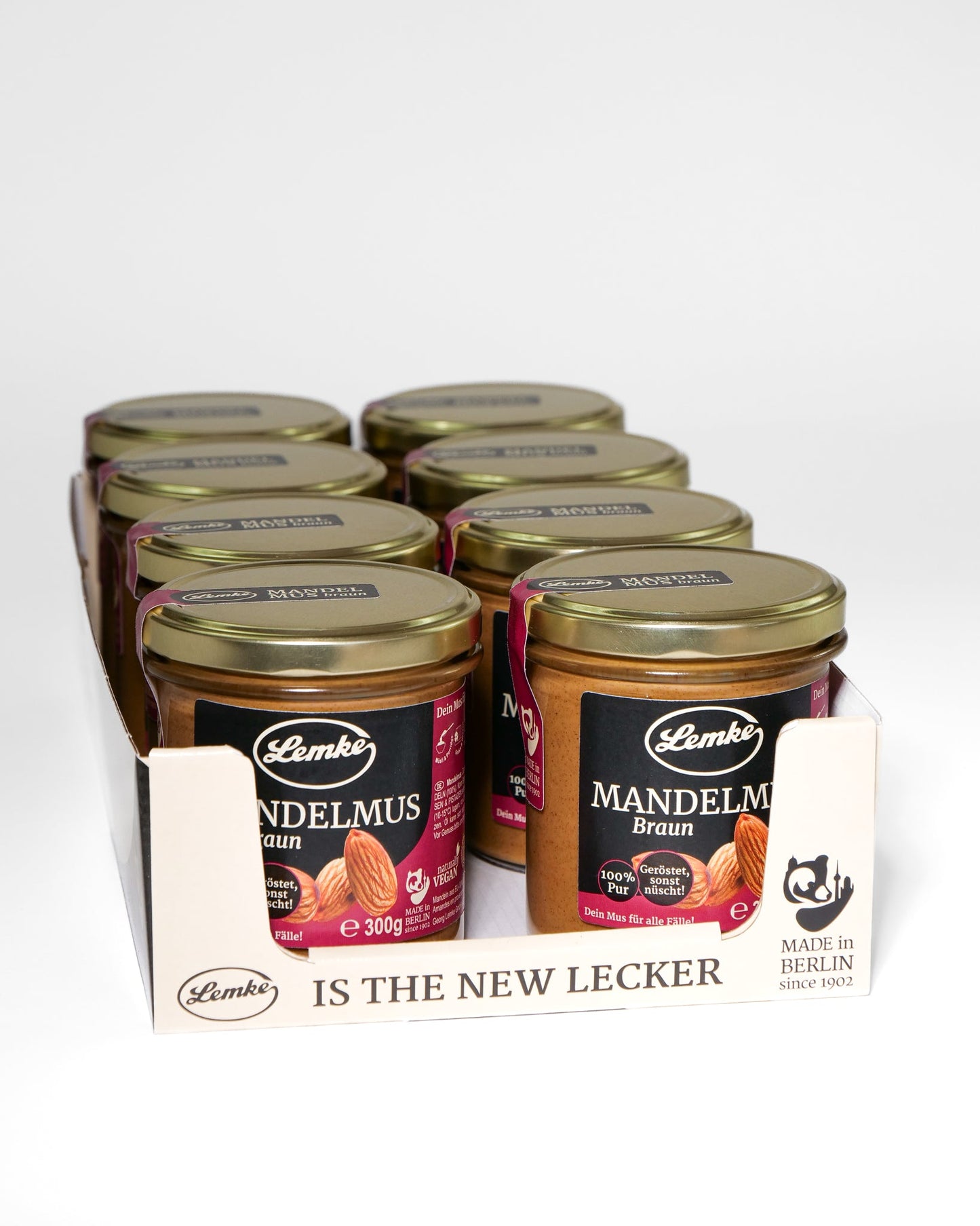 Unt de migdale brun Lemke - Prăjire neagră, consistență cremoasă - Conținut 250 g, Dimensiuni 7 x 7 x 12 cm