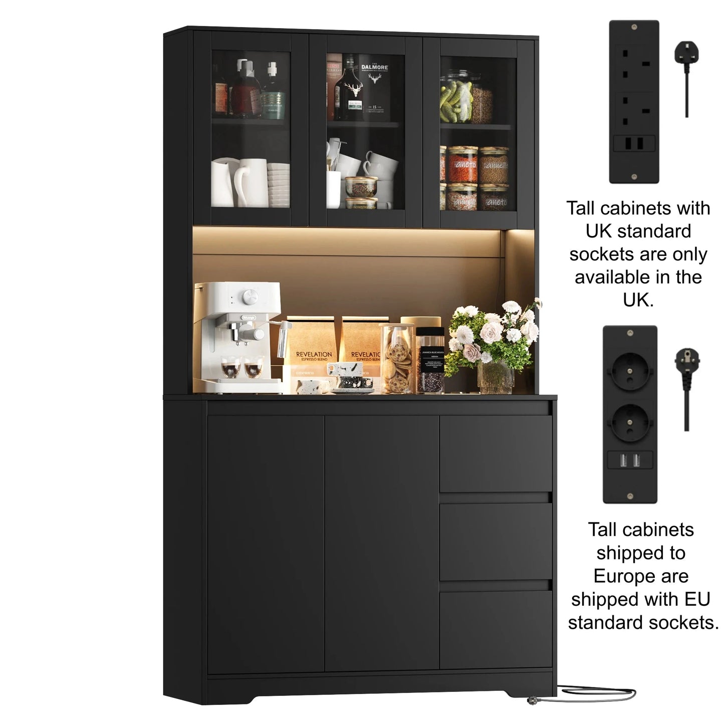 Getone Küchenbuffet mit LED,Küchenschrank Buffetschrank mit Steckdosenleiste mit 3 Schubladen Verstellbares Regal 100x38.5x180cm by Golden Bridge Store