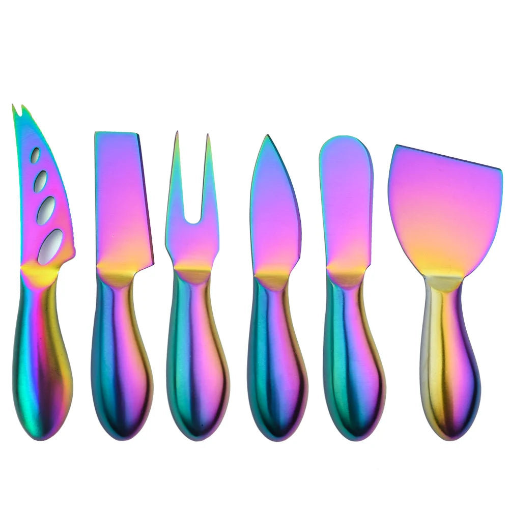 AJOYOUS Cheese Knife Set Cheese Stainless Steel 6Pcs Gold Cheese Slicer Cutter Handle Mini Knife Butter Knife Spatula Fork Matte