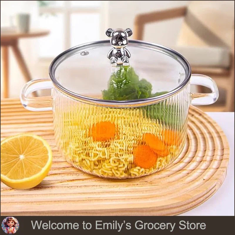 HighBorosilicateGlass Thickened PotHouseholdConvenient Bear Soup Pot with Lid Double Ear Soup Glass Pot Instant Noodles Milk Pot