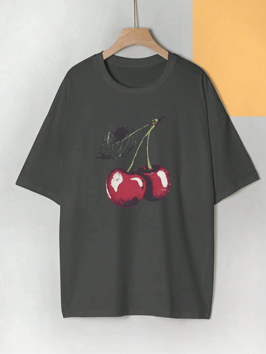 Women'S T-Shirt Black White Gray Cherry Print Cotton T-Shirt Round Neck Loose And Breathable Short Sleeved Simple Casual Top