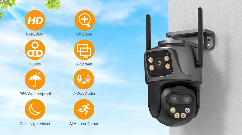Dreilinsen-PTZ-IP-Kamera 6K HD Outdoor 8x Zoom WiFi Sicherheitskamera 4K 8MP Dual Screen Auto Tracking Wireless Video CCTV iCsee