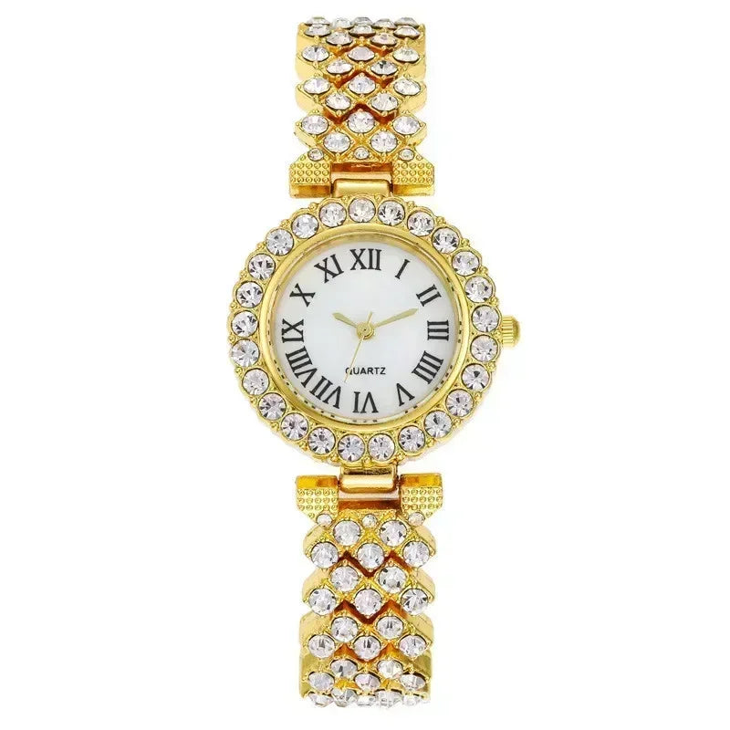 Mode Luxus Vollkristall 5-teiliges Set - Uhr Halskette Ohrringe Ring Set für Damen - Strass Armbanduhr Damen Armband Set Geschenk