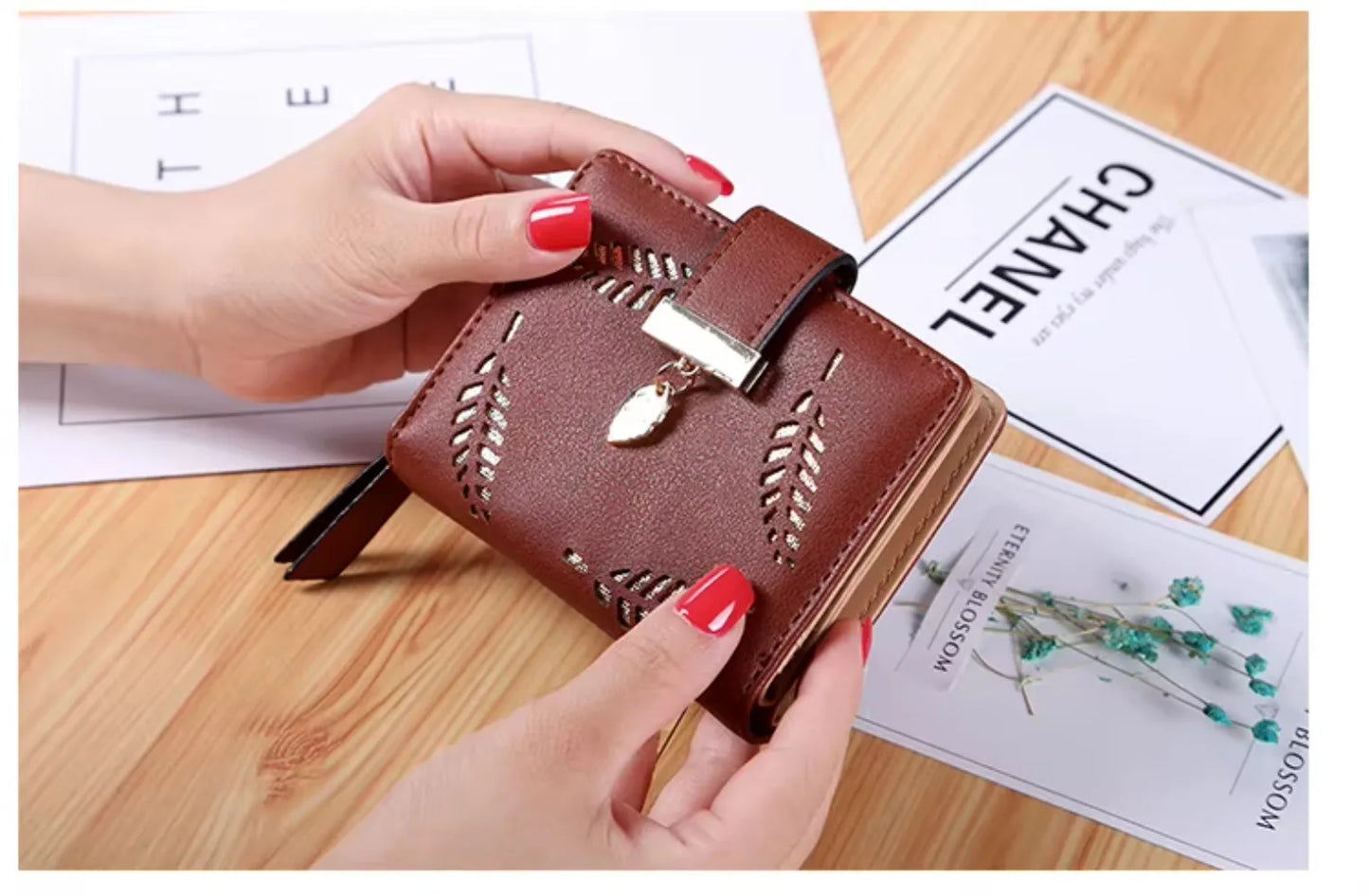 Luxus Frauen Geldbörse Leder Portemonnaie Kurz Reißverschluss Clutch Tasche Klein Ausgehöhlt Blätter Design Mode Marke Geldbörsen