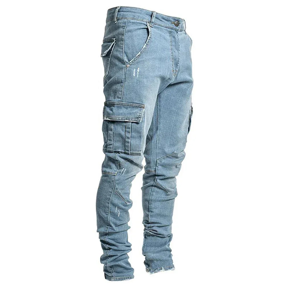 Street Elastic Jeans Men Denim Cargo Pants Wash Solid Color Multi Pockets Casual Mid Waist Trousers Slim Fit Daily Wear Joggers - Golden Bridge Store