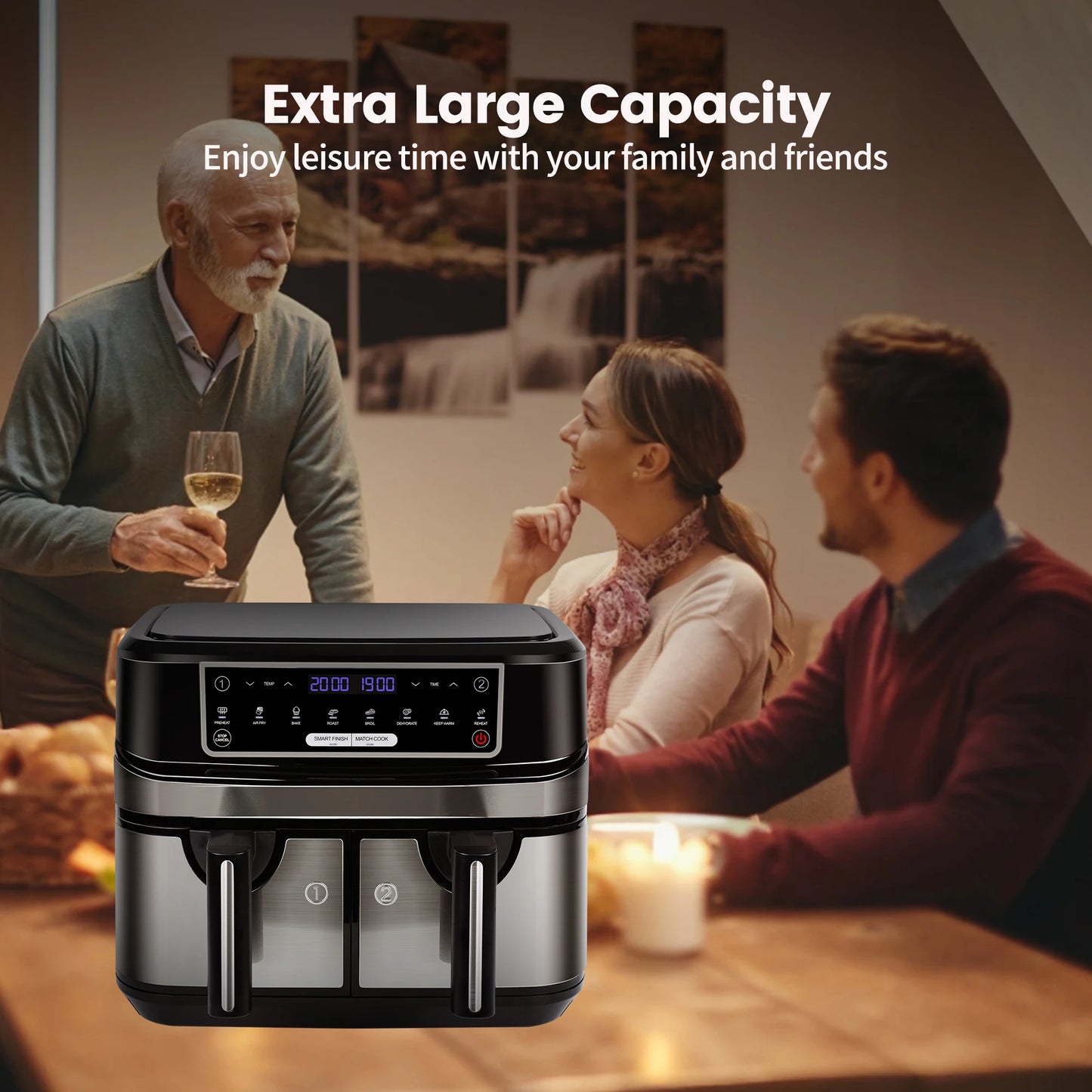 XXL Heißluftfritteuse 2025 - Doppelkammer 9L HOOFCOKEAR - 2x4.5L Schubladen LED-Touch 8-Programme Ölfrei