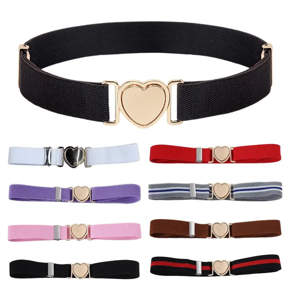 Unisex Belt Contrast Color Banded Metallic Heart Buckle Waistband Adjustable Elastic Band Girl Waist Strap Elastic Waist Band