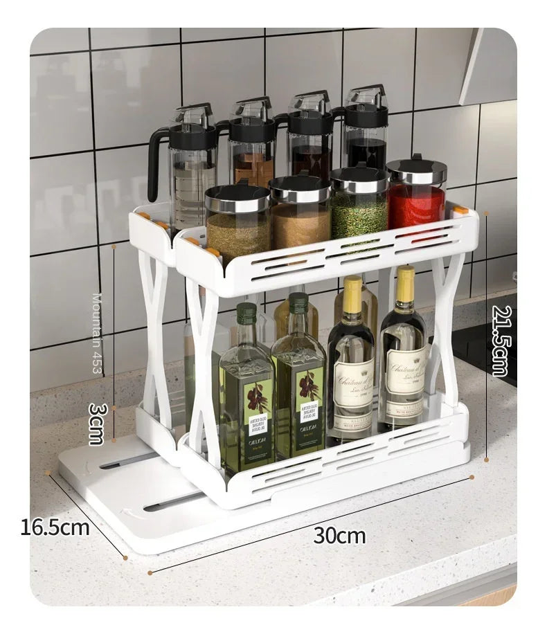 Kitchen Rotating Spice Rack 2 Tier Plastic Seasoning Spice Detachable Jar Storage Rack Pull Out Kitchen Cabinet Organiser