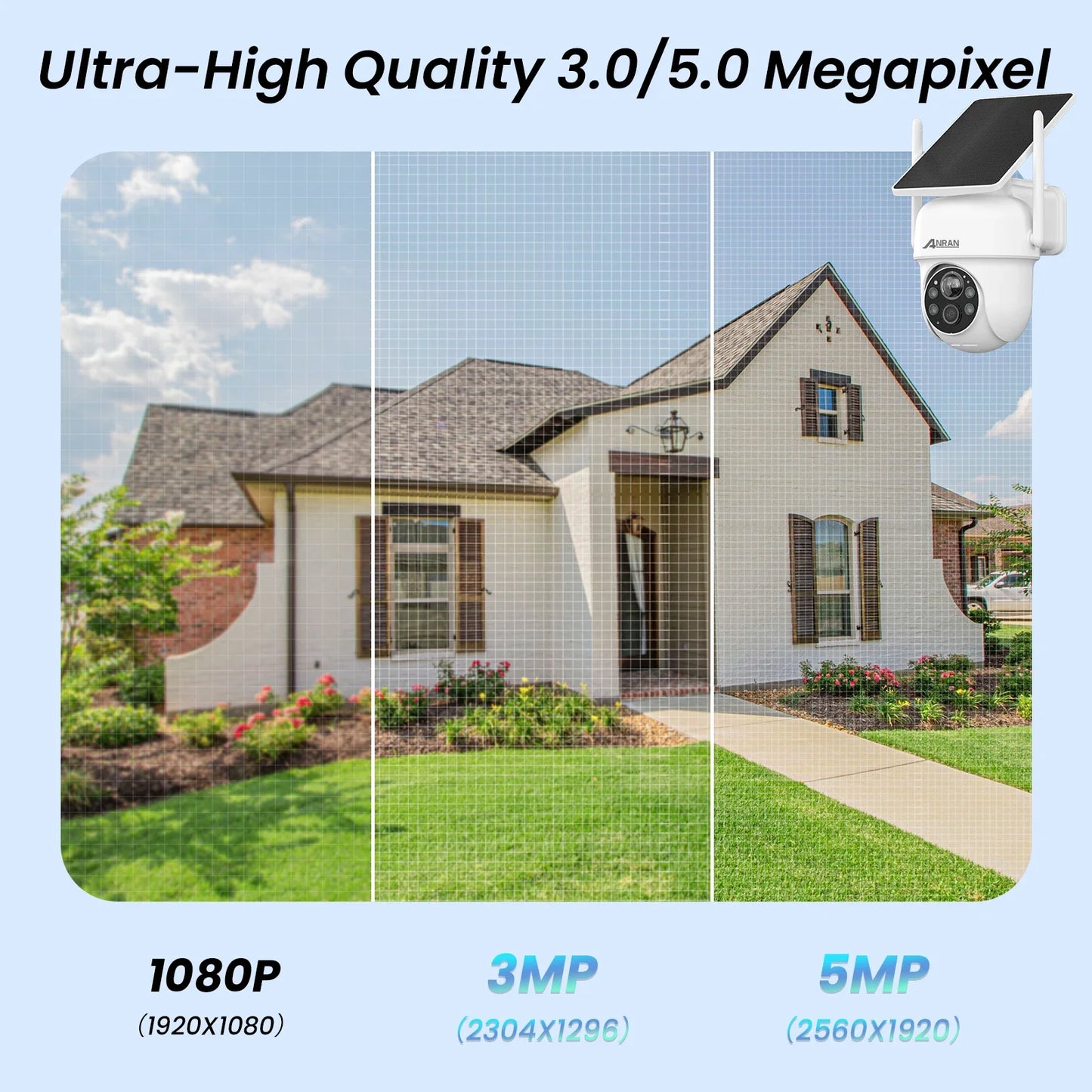 Cameră de supraveghere solară 2025 - ANRAN 5MP WiFi pentru exterior - Detector de mișcare PIR cu baterie, vedere nocturnă, control prin aplicație