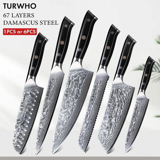 TURWHO 1-6 Piece Knife Set 67 Layers Damascus Steel Kitchen Knives Santoku Chef Knives Utility Bread Slicing Knife Cooking Tools