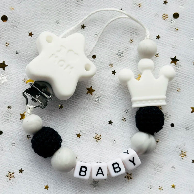 Nou personalizat nume personalizat suzetă clemă lucrată manual din lemn de fag lanț silicon coroană suport suzetă bebeluși jucărie de mestecat cadou de mestecat