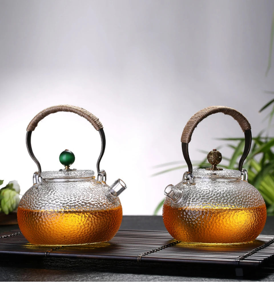 Ceainic de sticlă rezistent la temperaturi ridicate, set de ceai, ceainic de flori cu textură ciocănită manual, cu mâner pentru a face ceainic Gaiwan Pu Erh