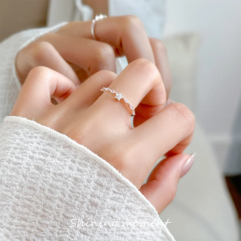 WANTME 925 Sterling Silver Romantic Pink Zircon Flower Open Finger Ring for Women Fashion Sweet Girl Party Luxury Trend Jewelry