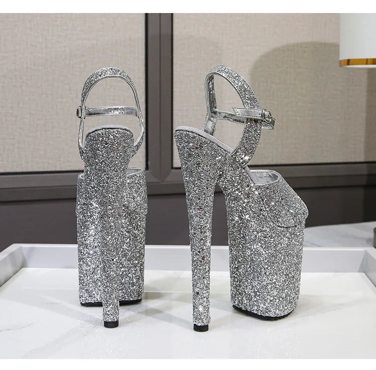 elegant woman shoes with High Heels 20CM Sequined Cloth Platform Modern Sandals Stripper Shoes Red Wedding Women Shoes Pumps