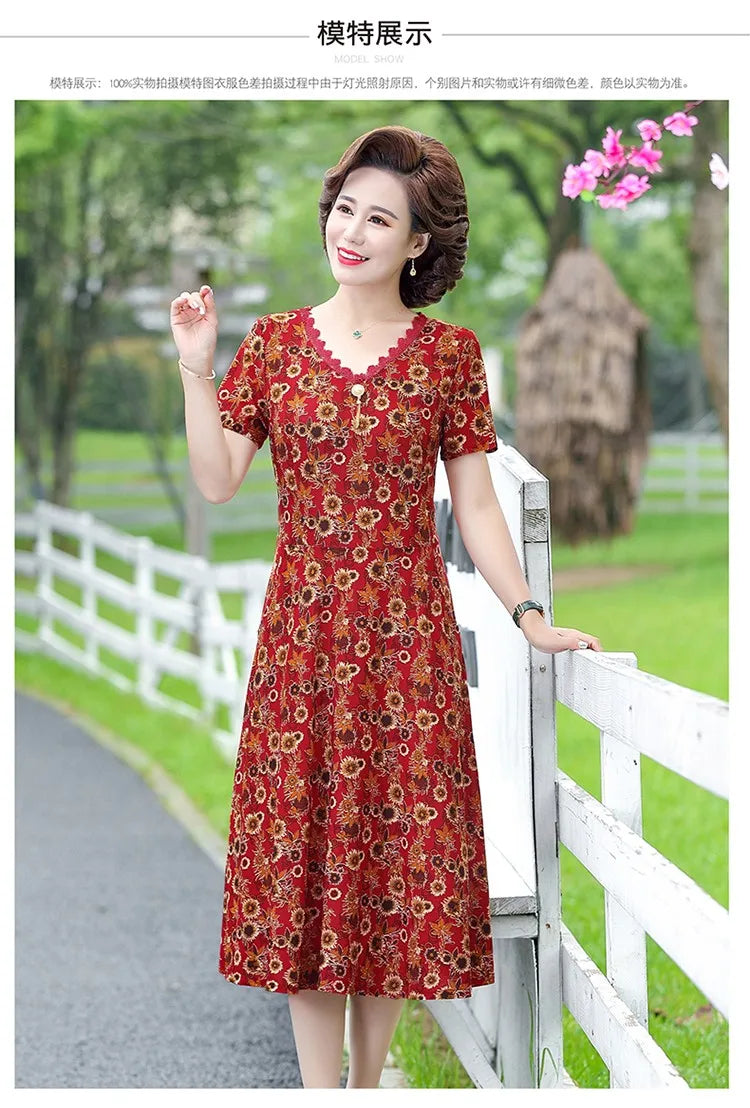Elegant Women Dress Elegant Casual V-Neck Print Vintage Ladies Mid-Calf High Waist Summer Bohemian Dresses